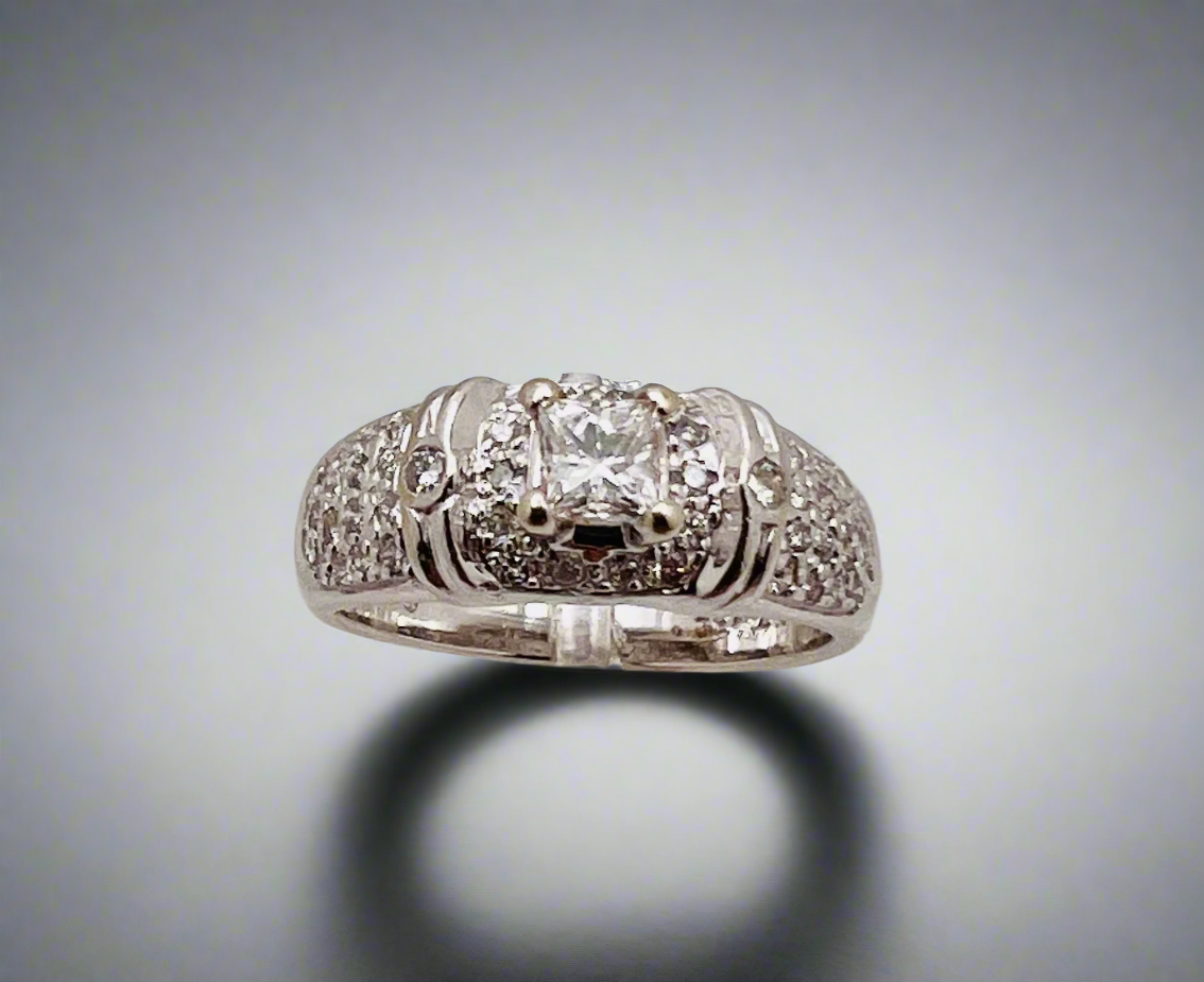 14k White Gold Princess Cut 88pt Diamond with Accents