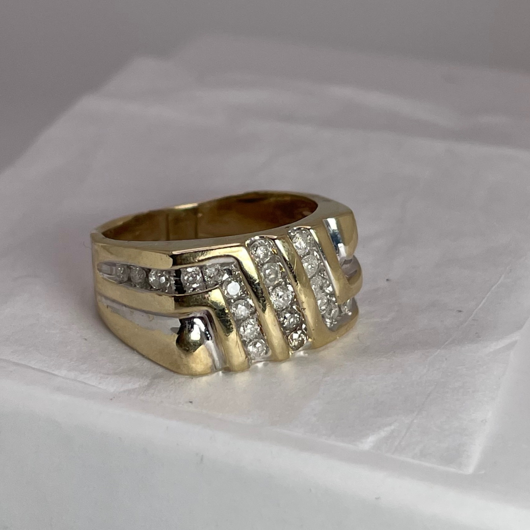 10K Yellow Gold Striped 0.46ct Diamond Pave Ring