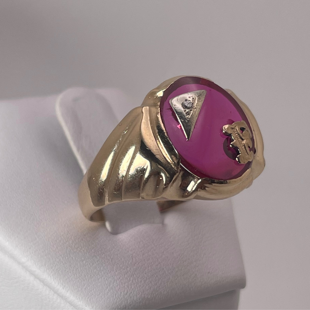10K Yellow Gold Initial 'F' Pink Ruby Stone Ring with Diamond