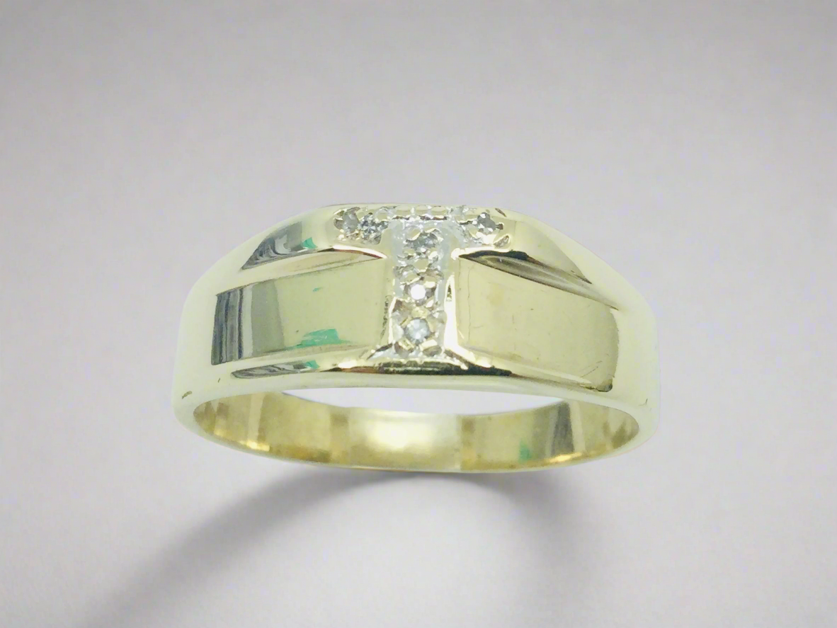 10k Yellow Gold Round Cut 5pt Diamond Letter 'T' Initial Ring