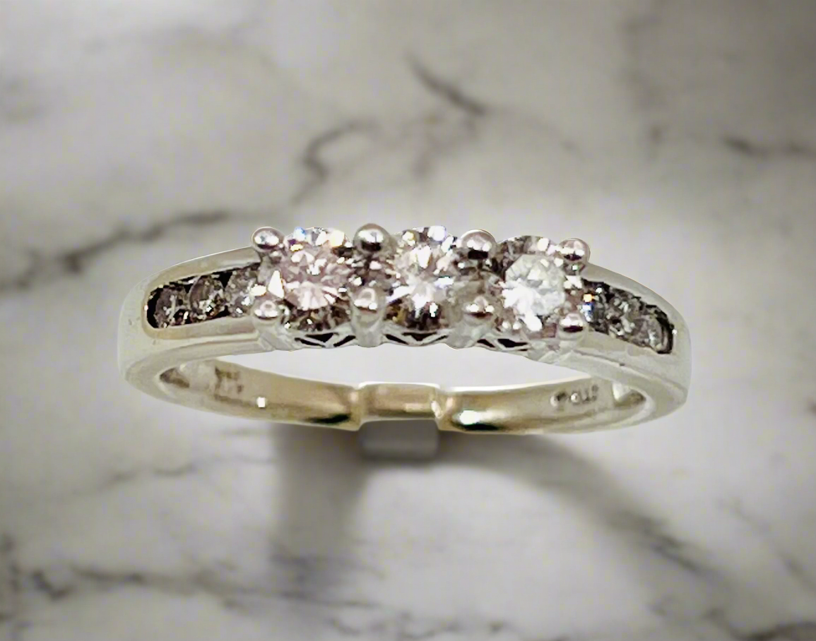 14k White Gold Round Cut 0.65ct Diamond Trinity and Channel Set Accent Ring