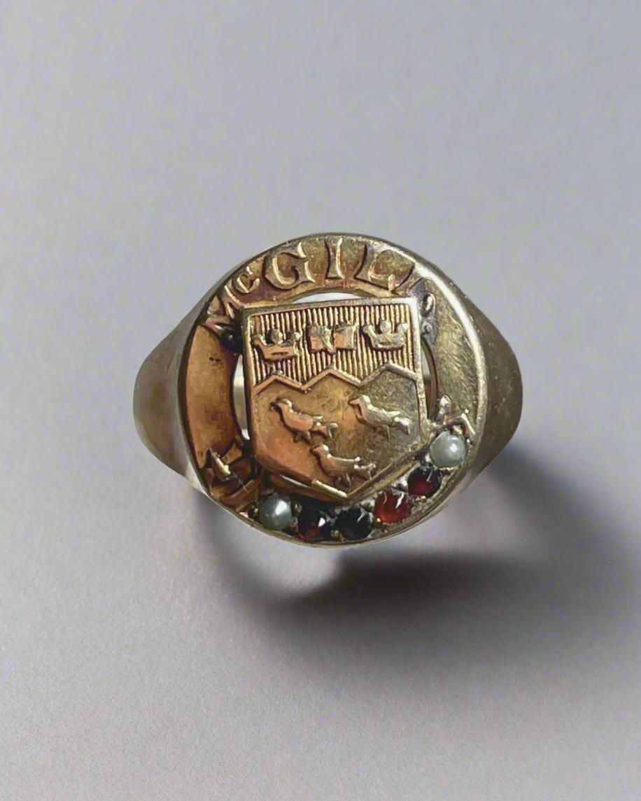 Vintage Birks 10K Yellow Gold "McGill" Garnet & Pearl Ring