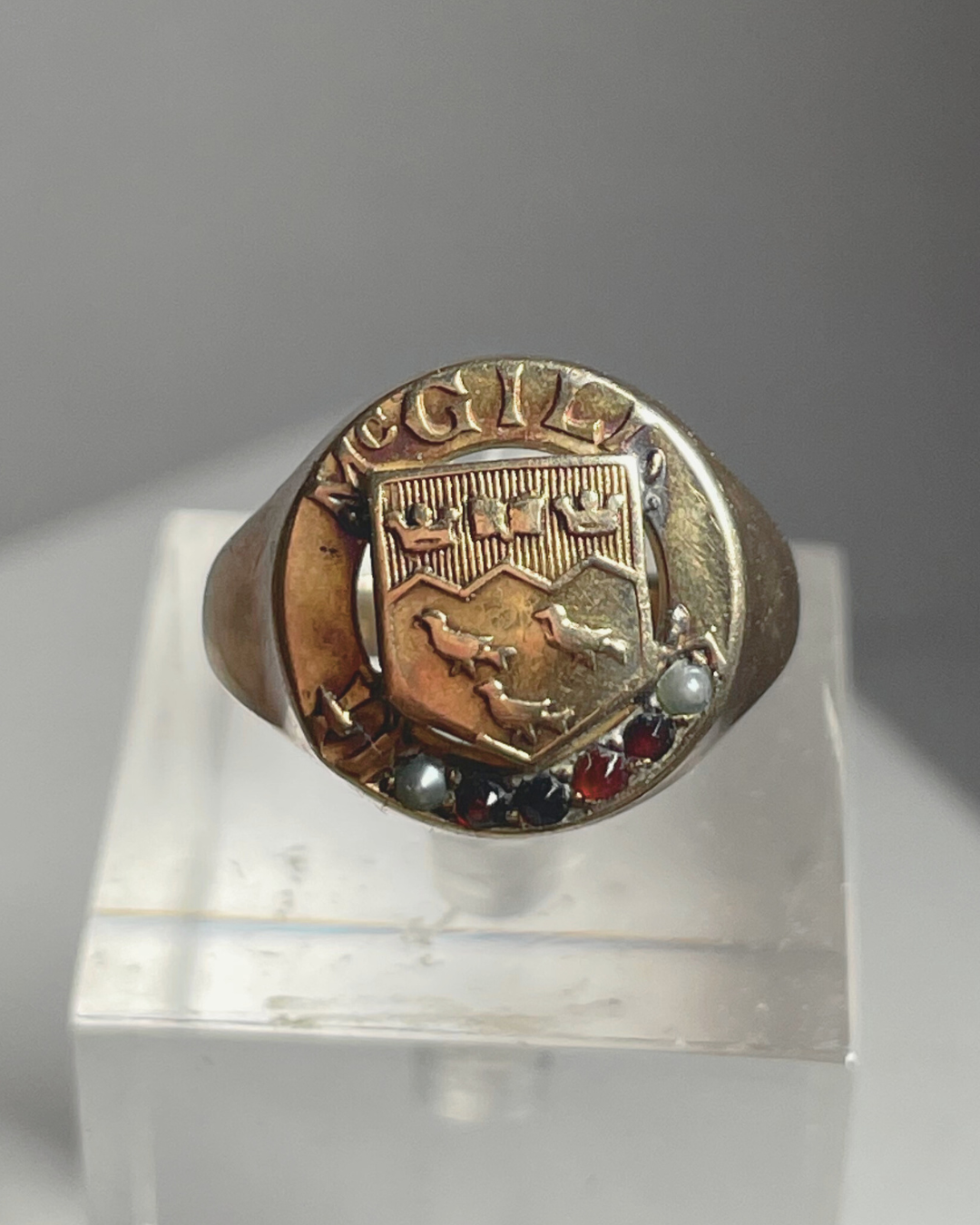 Vintage Birks 10K Yellow Gold "McGill" Garnet & Pearl Ring