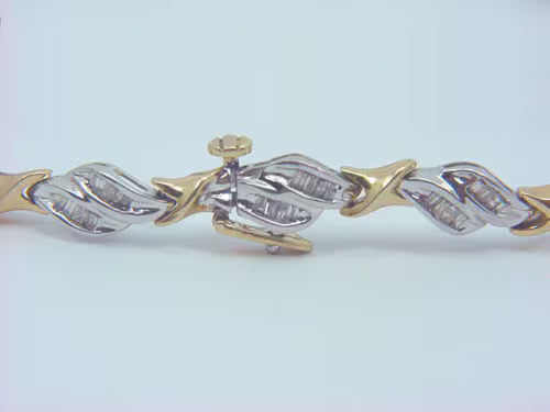 Vintage 14k White & Yellow Gold Diamond Baguette Tennis Bracelet with Safety Catch ( 1.92ct TDW )