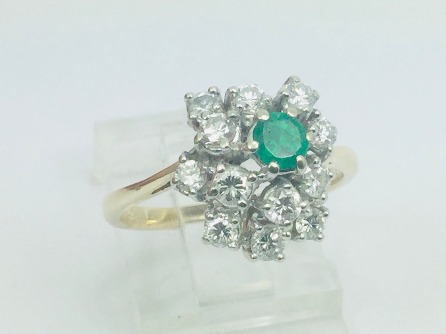 14k Yellow Gold Round Cut 20pt Emerald May Birthstone & 72pt Diamond Cluster Ring