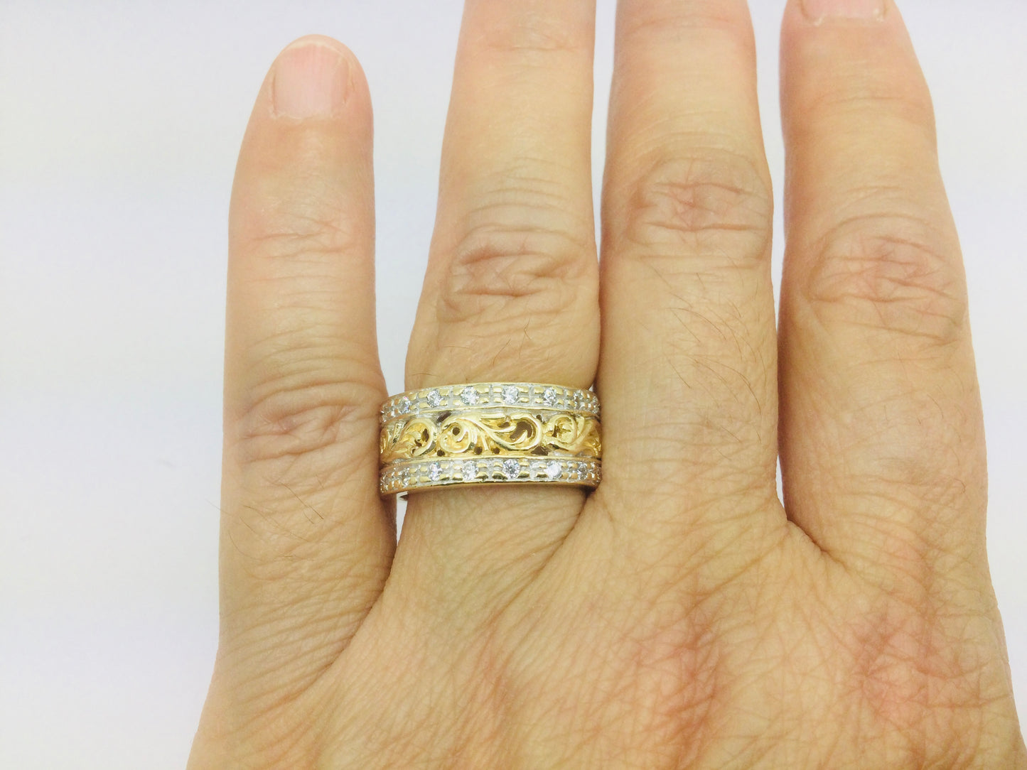18k Yellow Gold CZ Row Set Vine Band Ring