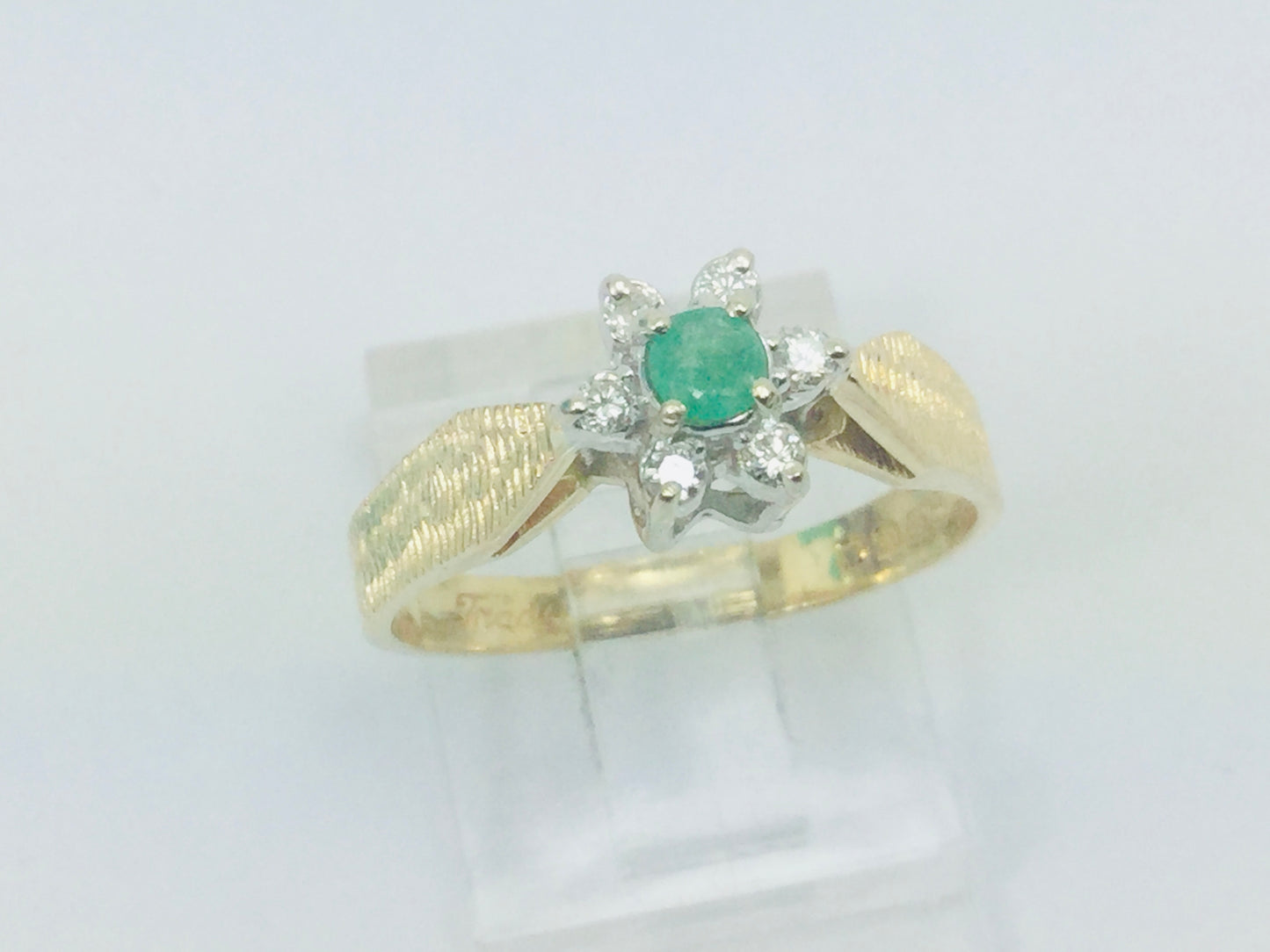 14k Yellow Gold Round Cut 12pt Emerald May Birthstone & 12pt Diamond Halo Ring