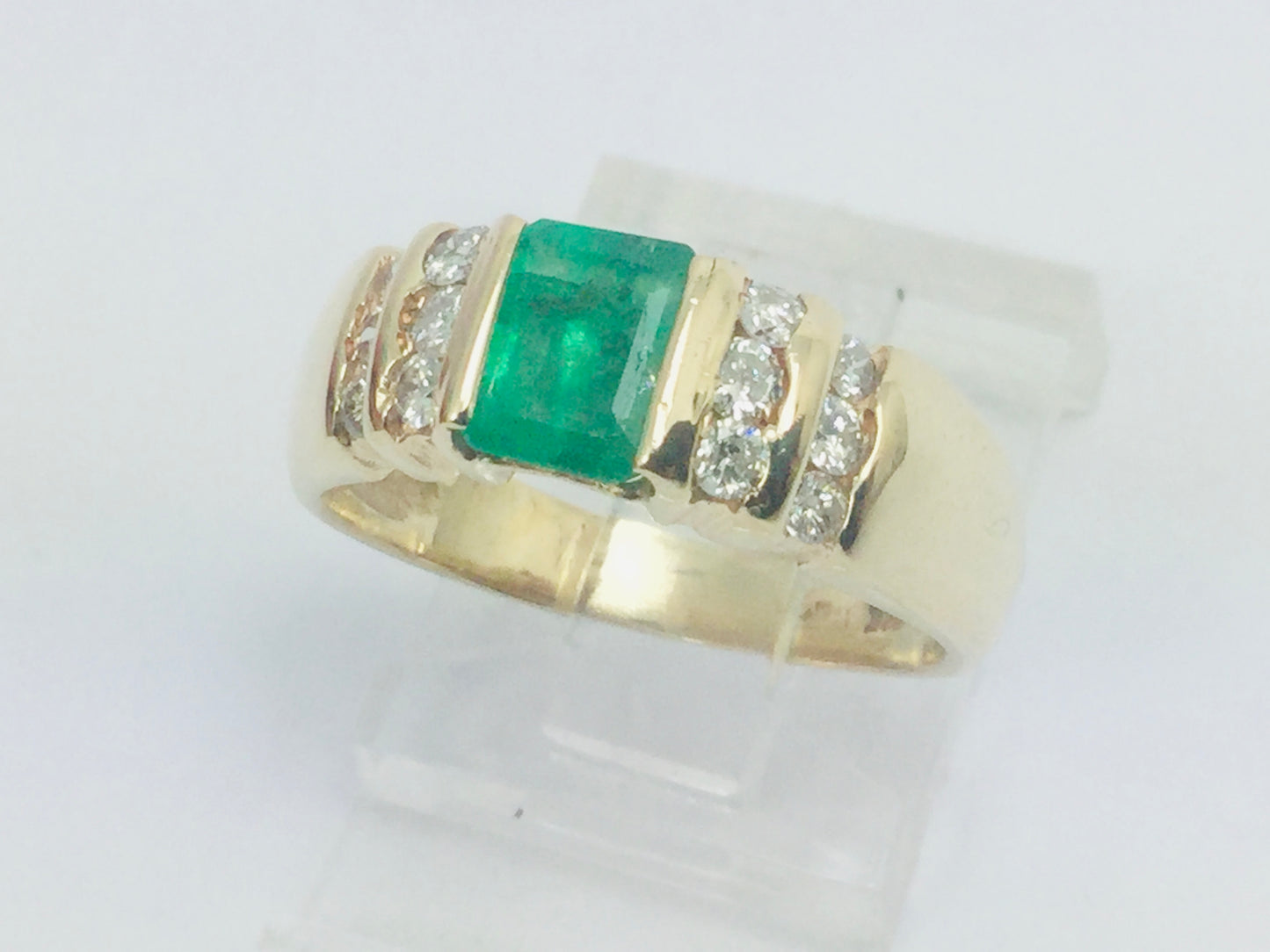 14k Yellow Gold Emerald Cut 75pt Emerald May Birthstone & 36pt Diamond Row Set Ring