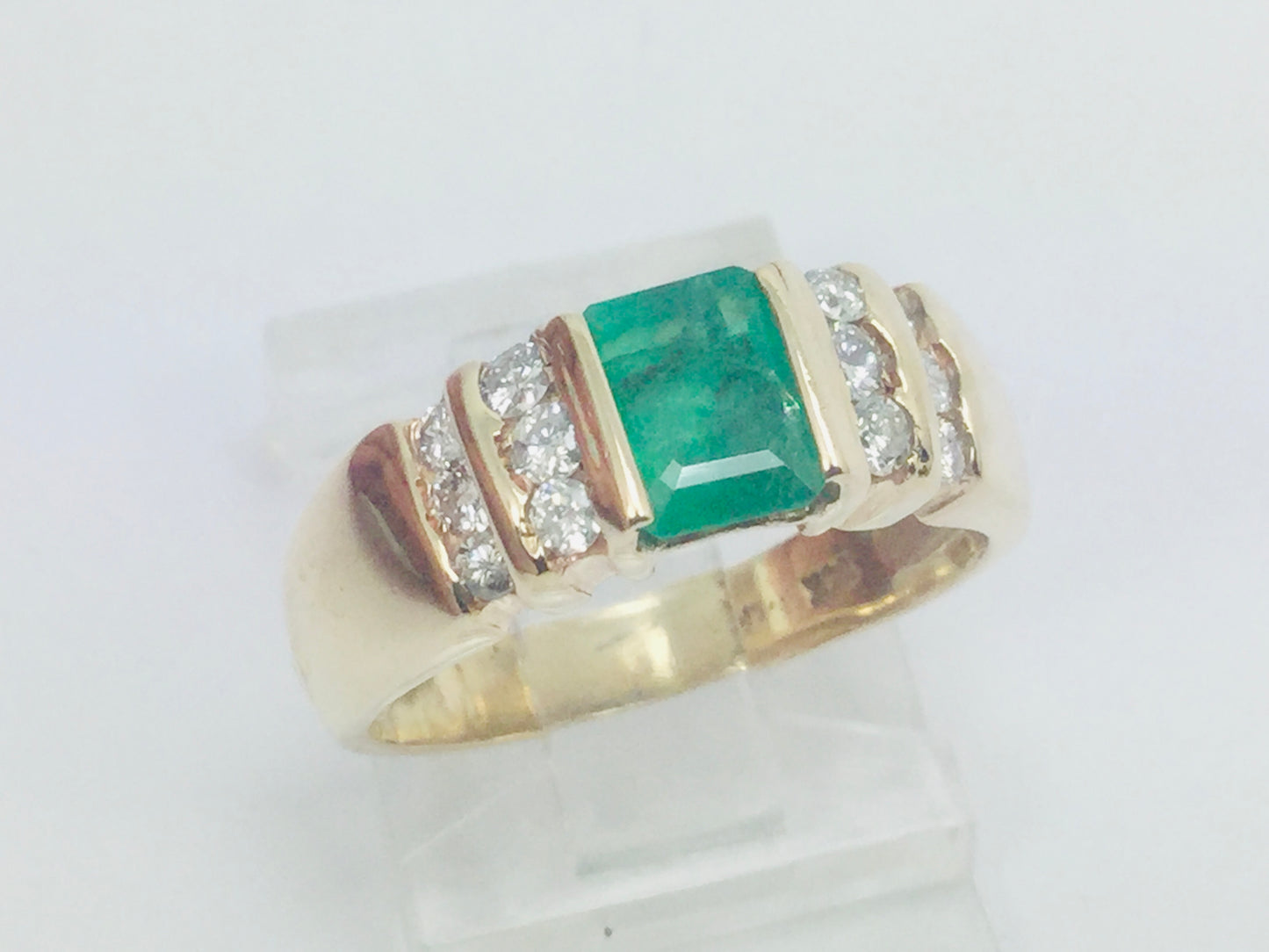 14k Yellow Gold Emerald Cut 75pt Emerald May Birthstone & 36pt Diamond Row Set Ring