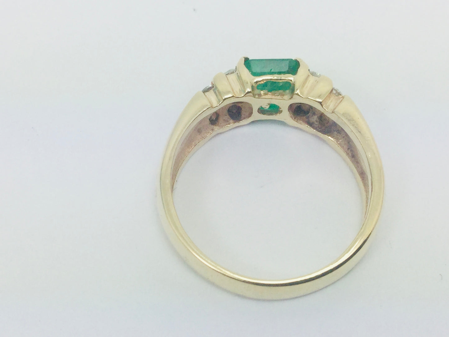 14k Yellow Gold Emerald Cut 75pt Emerald May Birthstone & 36pt Diamond Row Set Ring