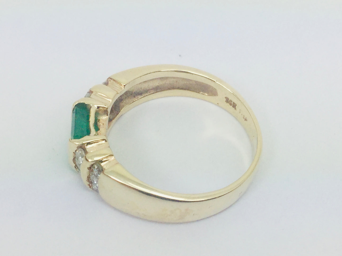 14k Yellow Gold Emerald Cut 75pt Emerald May Birthstone & 36pt Diamond Row Set Ring