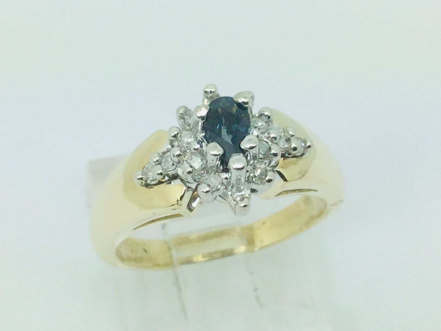 10k Yellow Gold Oval Cut 30pt Sapphire September Birthstone & 14pt Diamond Halo Cluster Ring