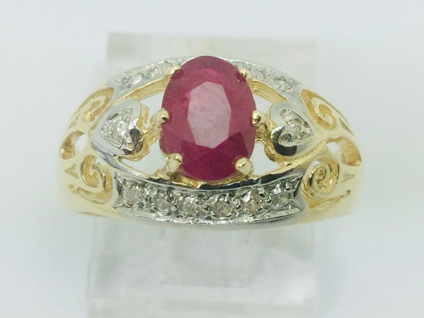 14k Yellow Gold Oval Cut 75pt Ruby July Birthstone & 14pt Diamond Ring