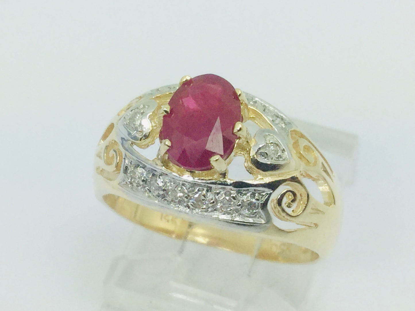 14k Yellow Gold Oval Cut 75pt Ruby July Birthstone & 14pt Diamond Ring