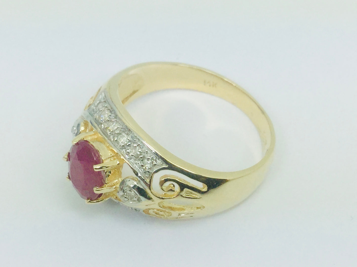 14k Yellow Gold Oval Cut 75pt Ruby July Birthstone & 14pt Diamond Ring