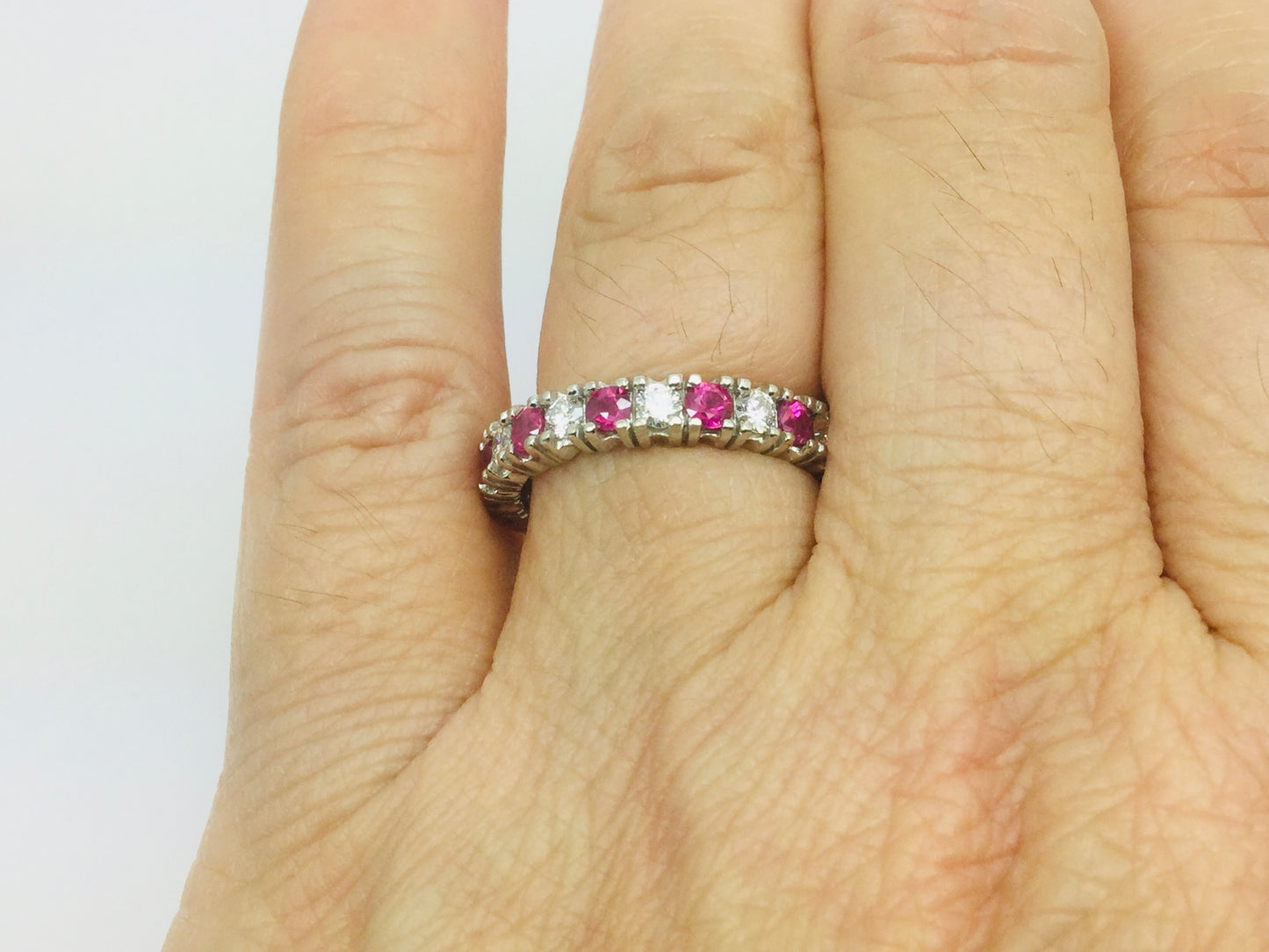 10k White Gold Round Cut 72pt Ruby July Birthstone & 72pt Diamond Eternity Band Ring