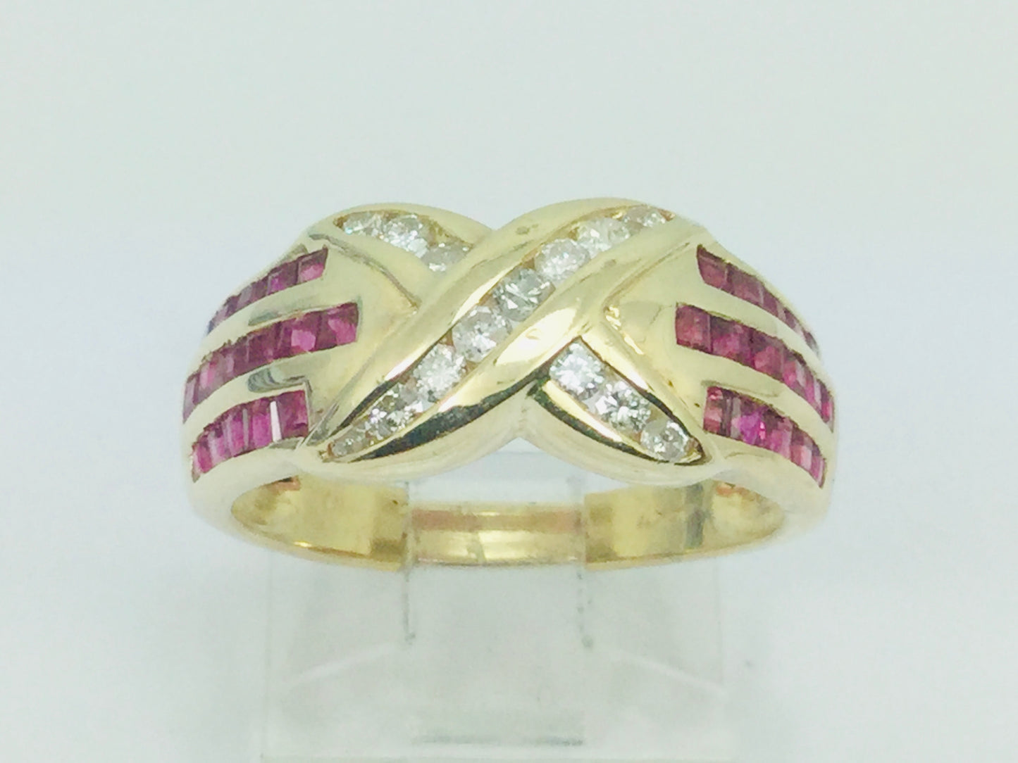 14k Yellow Gold Round Cut 1.5ct Ruby July Birthstone 'X' & 28pt Diamond Channel Set Ring
