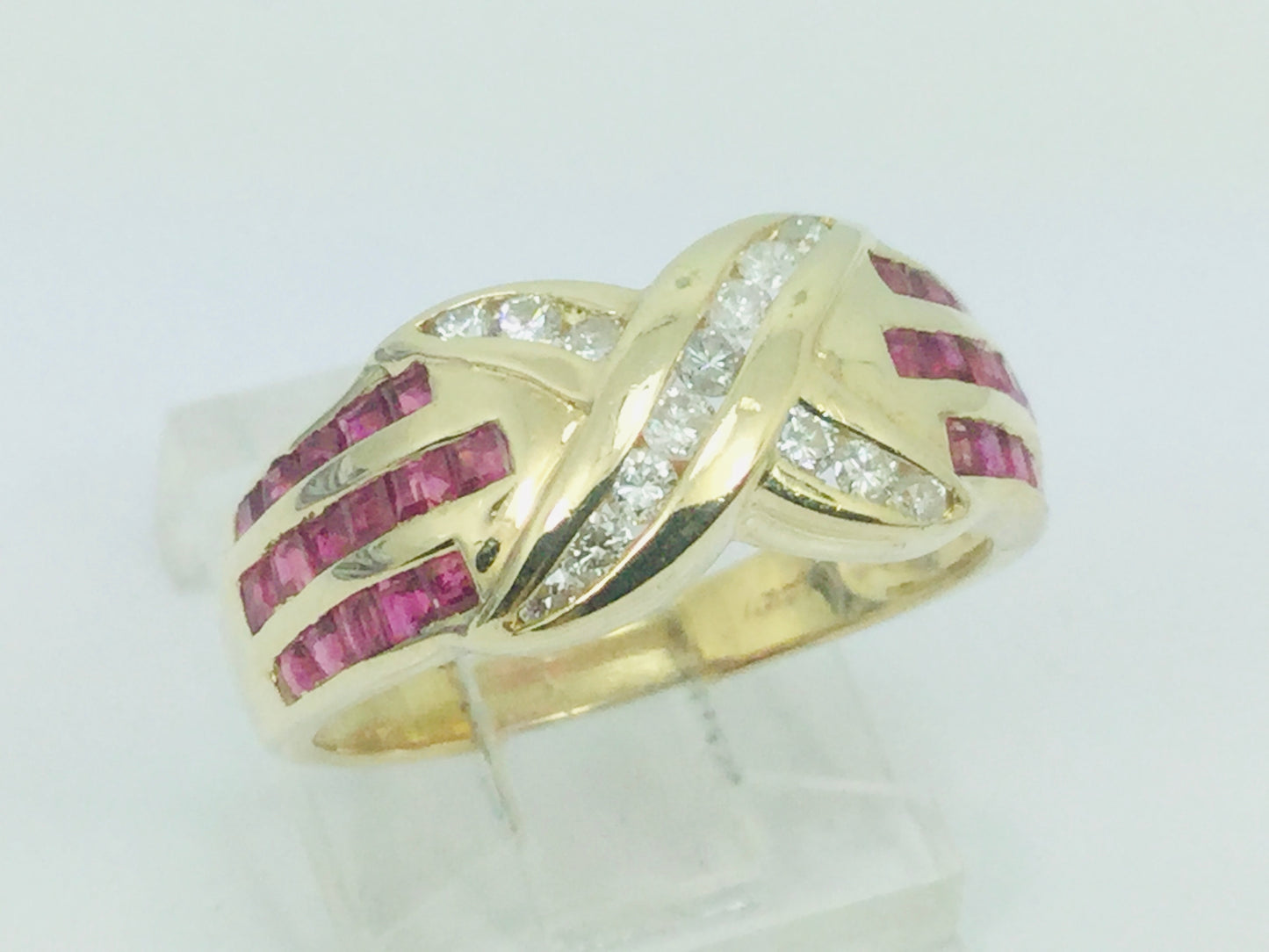 14k Yellow Gold Round Cut 1.5ct Ruby July Birthstone 'X' & 28pt Diamond Channel Set Ring
