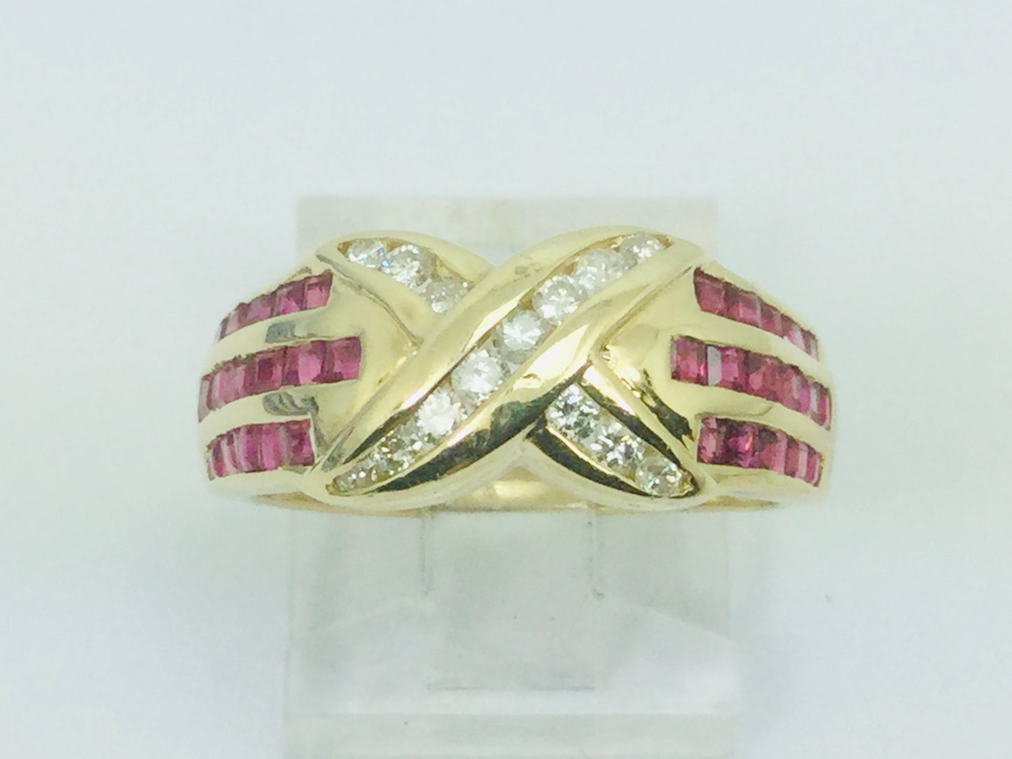 14k Yellow Gold Round Cut 1.5ct Ruby July Birthstone 'X' & 28pt Diamond Channel Set Ring
