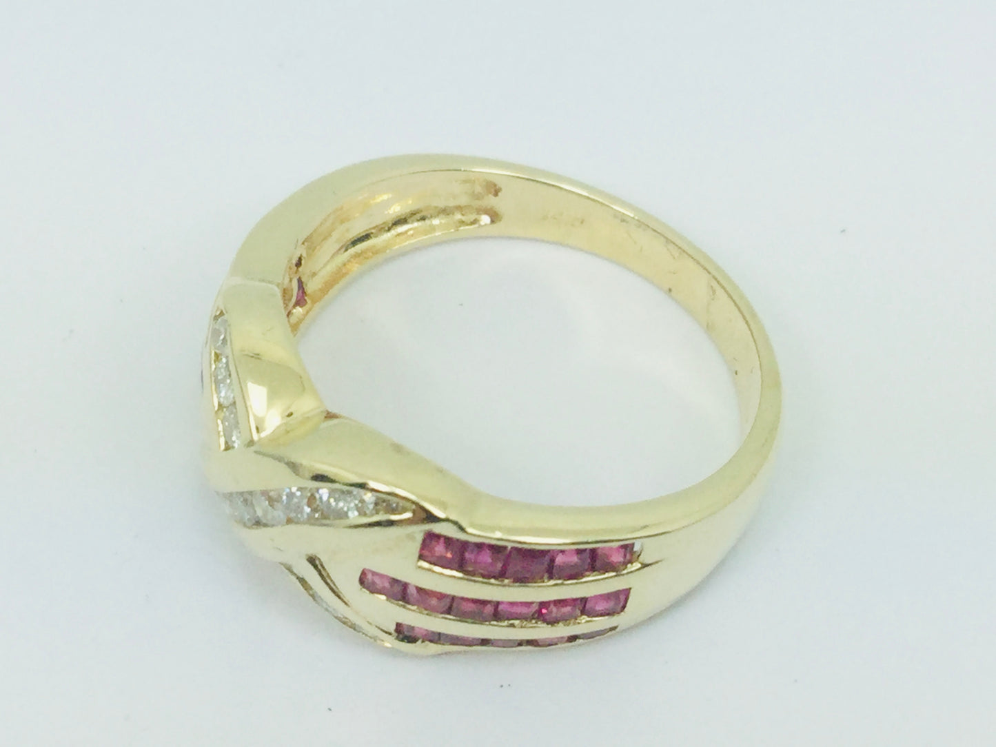 14k Yellow Gold Round Cut 1.5ct Ruby July Birthstone 'X' & 28pt Diamond Channel Set Ring