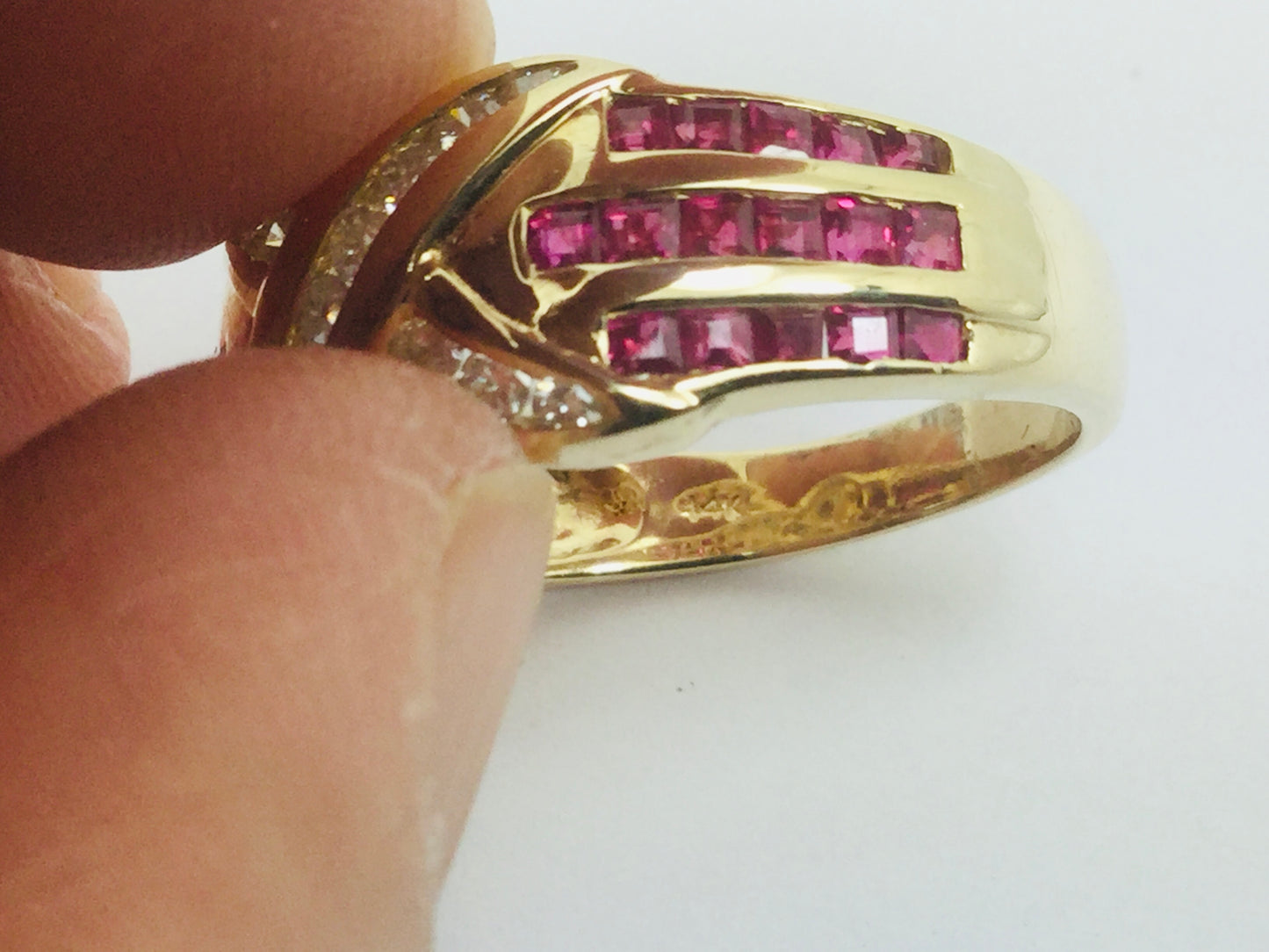 14k Yellow Gold Round Cut 1.5ct Ruby July Birthstone 'X' & 28pt Diamond Channel Set Ring