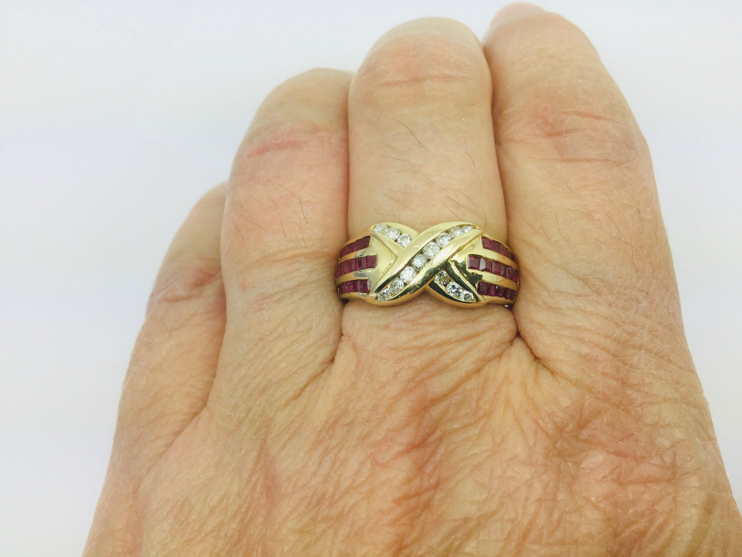 14k Yellow Gold Round Cut 1.5ct Ruby July Birthstone 'X' & 28pt Diamond Channel Set Ring
