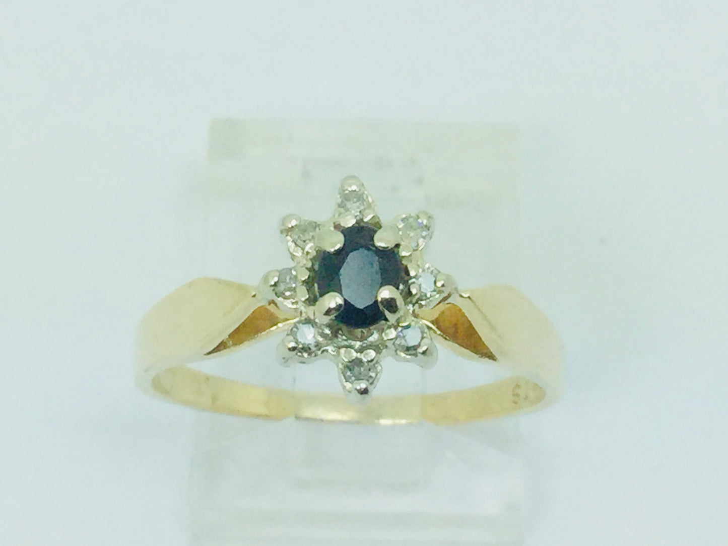 14k Yellow Gold Oval Cut 20pt Sapphire September Birthstone & 8pt Diamond Halo Ring