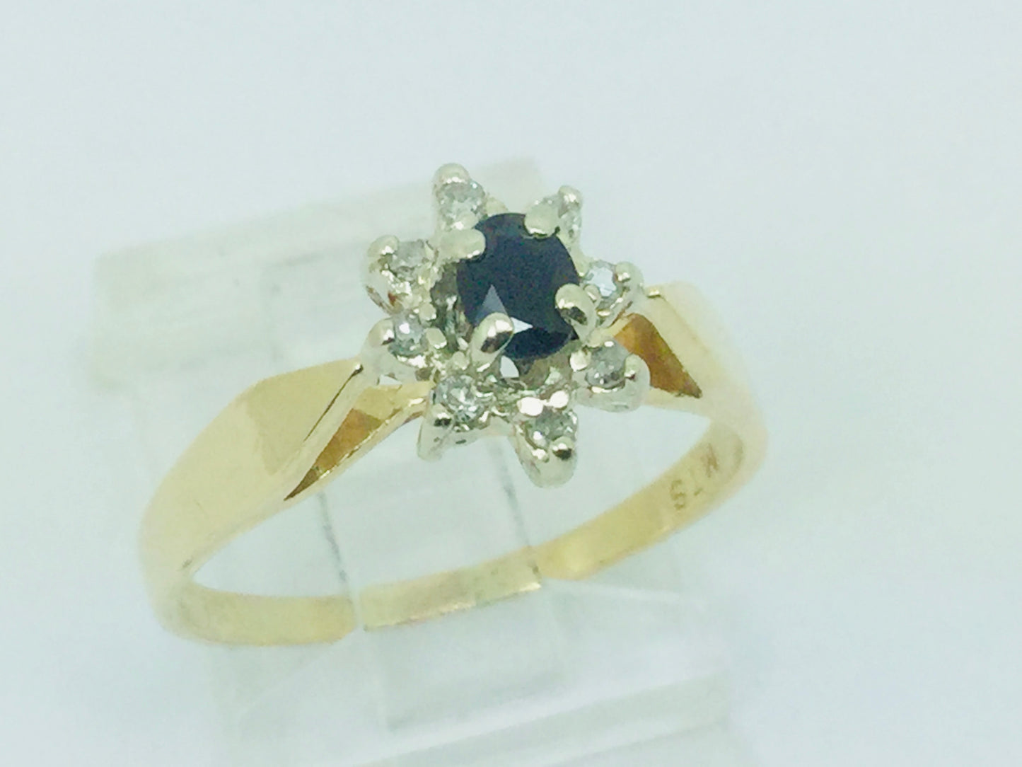 14k Yellow Gold Oval Cut 20pt Sapphire September Birthstone & 8pt Diamond Halo Ring
