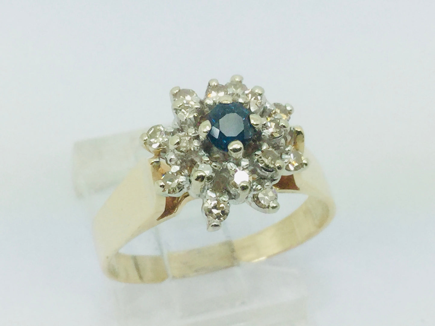 14k Yellow Gold Round Cut 16pt Sapphire September Birthstone & 32pt Diamond Halo Cluster Ring