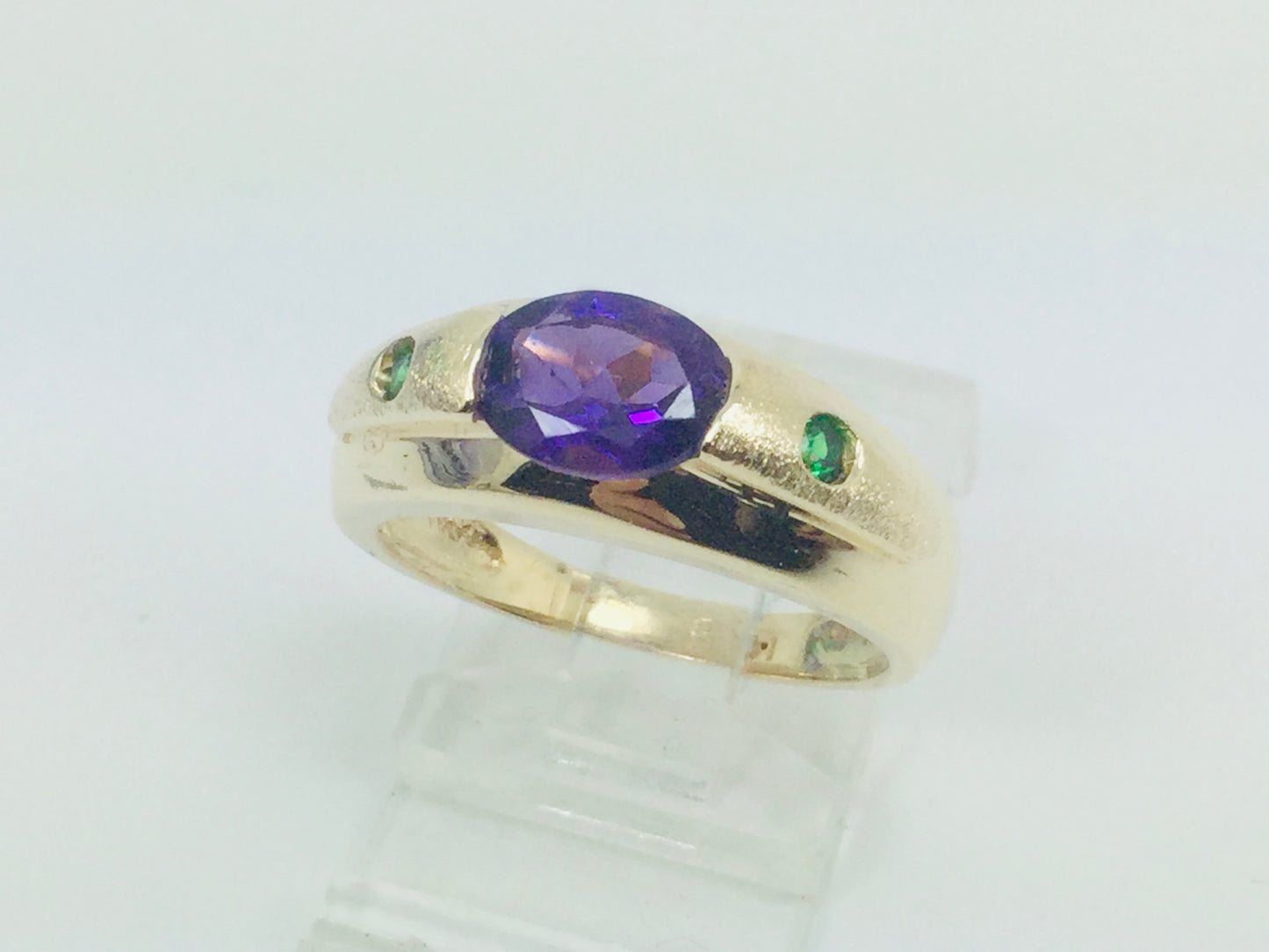 14k Yellow Gold Oval Cut Amethyst February Birthstone & Emerald Ring