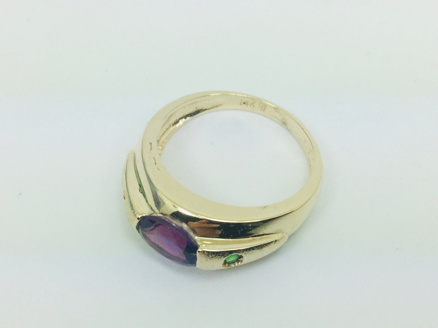 14k Yellow Gold Oval Cut Amethyst February Birthstone & Emerald Ring