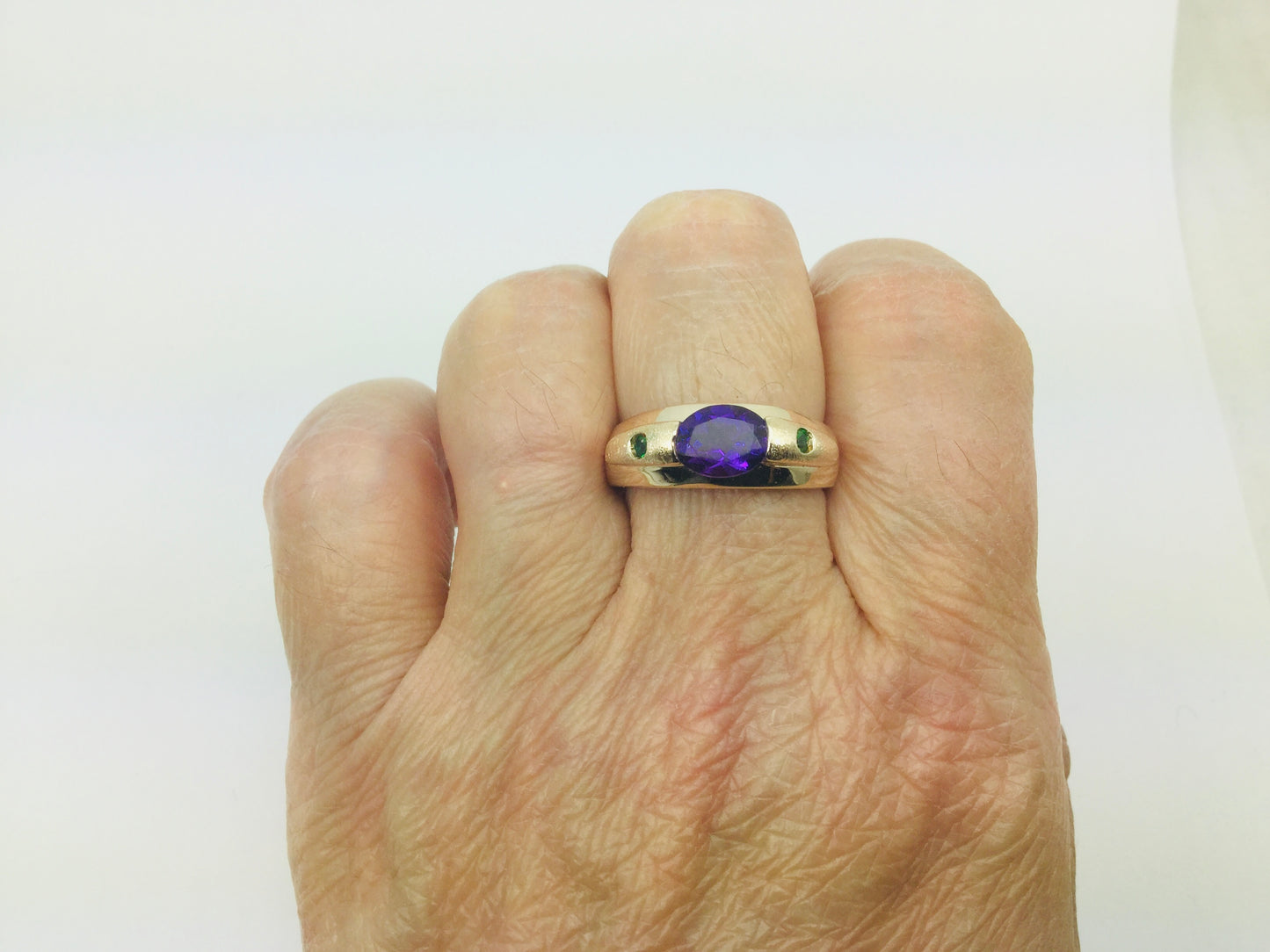14k Yellow Gold Oval Cut Amethyst February Birthstone & Emerald Ring
