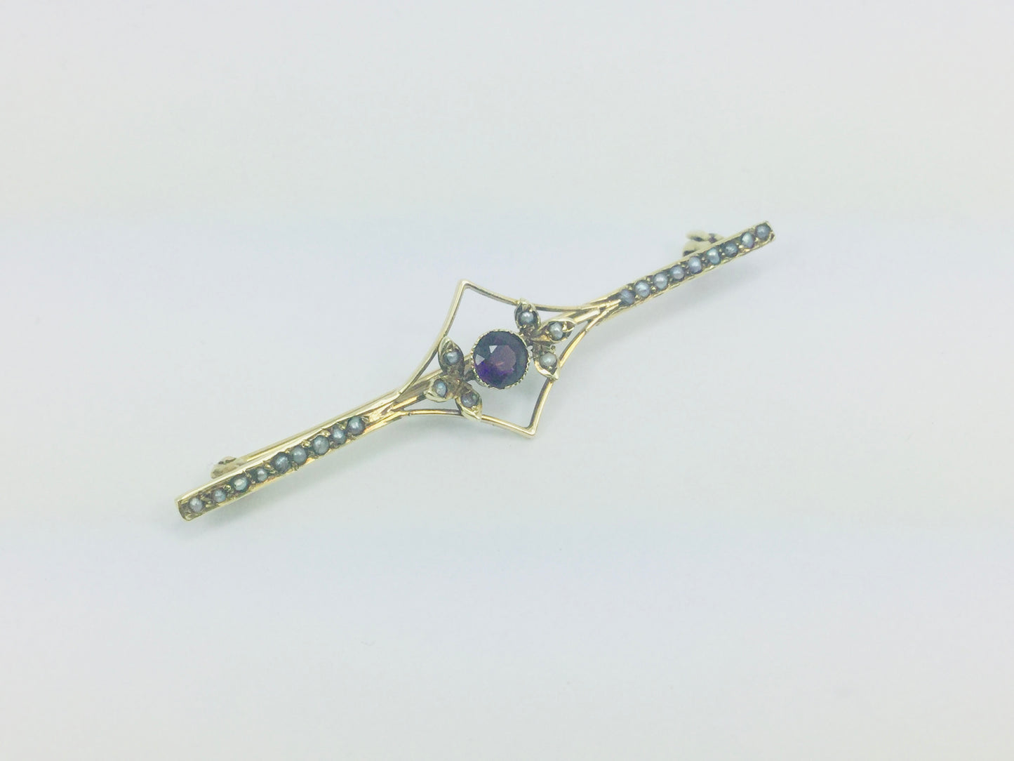 14k Yellow Gold Amethyst and Seed Pearl Vintage Brooch Pin