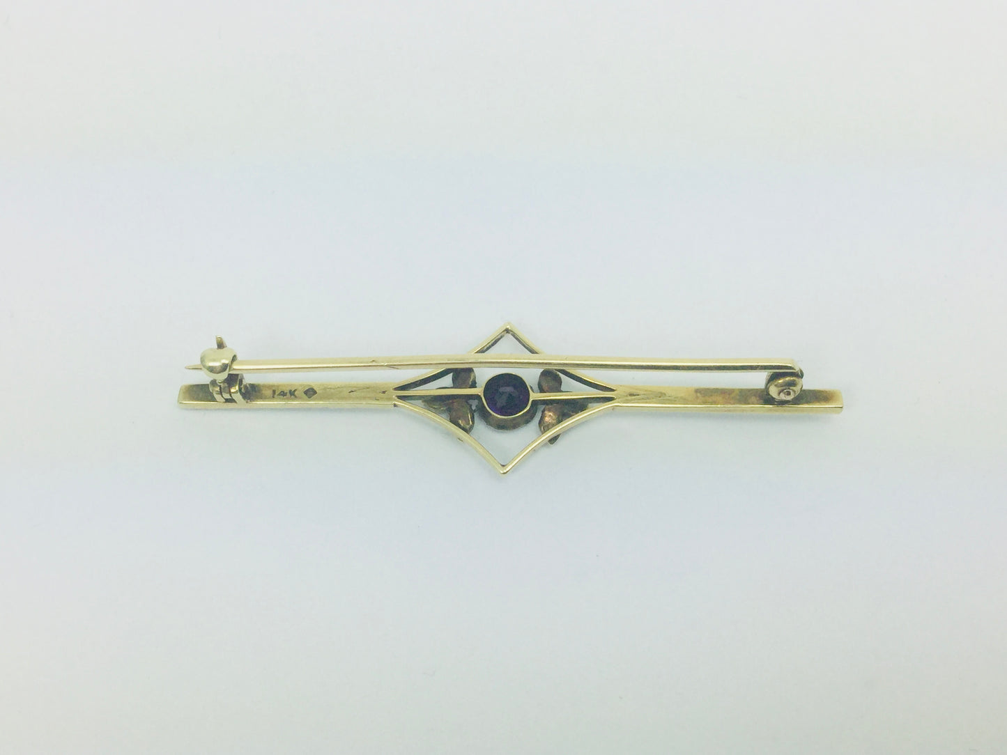 14k Yellow Gold Amethyst and Seed Pearl Vintage Brooch Pin