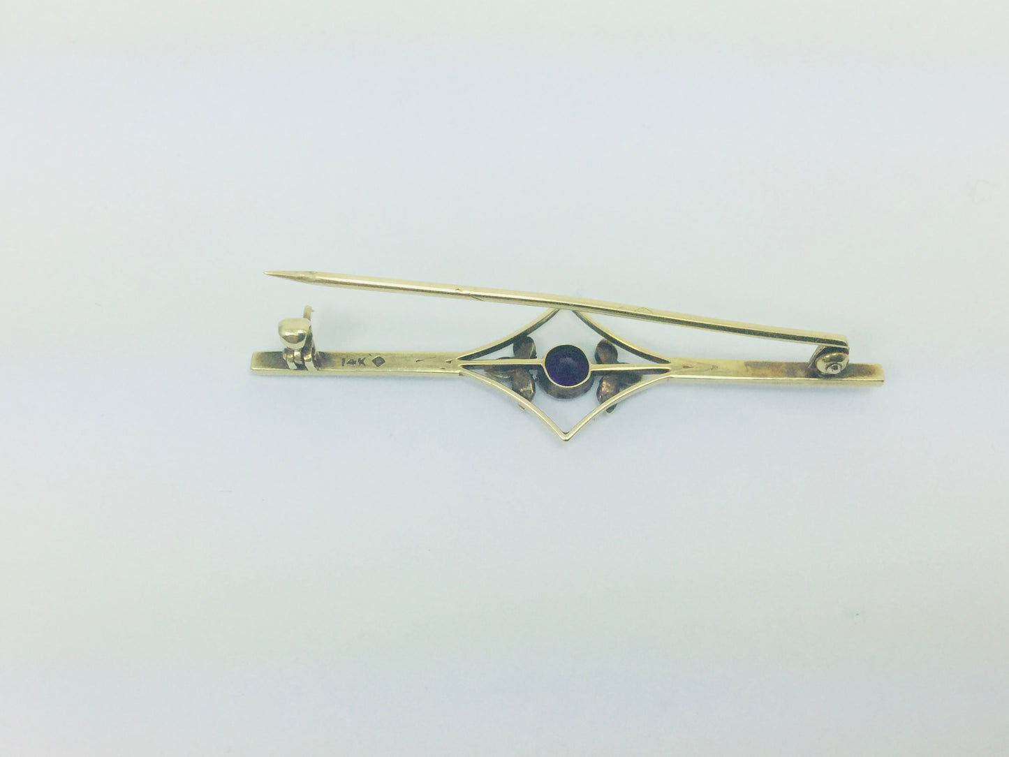 14k Yellow Gold Amethyst and Seed Pearl Vintage Brooch Pin
