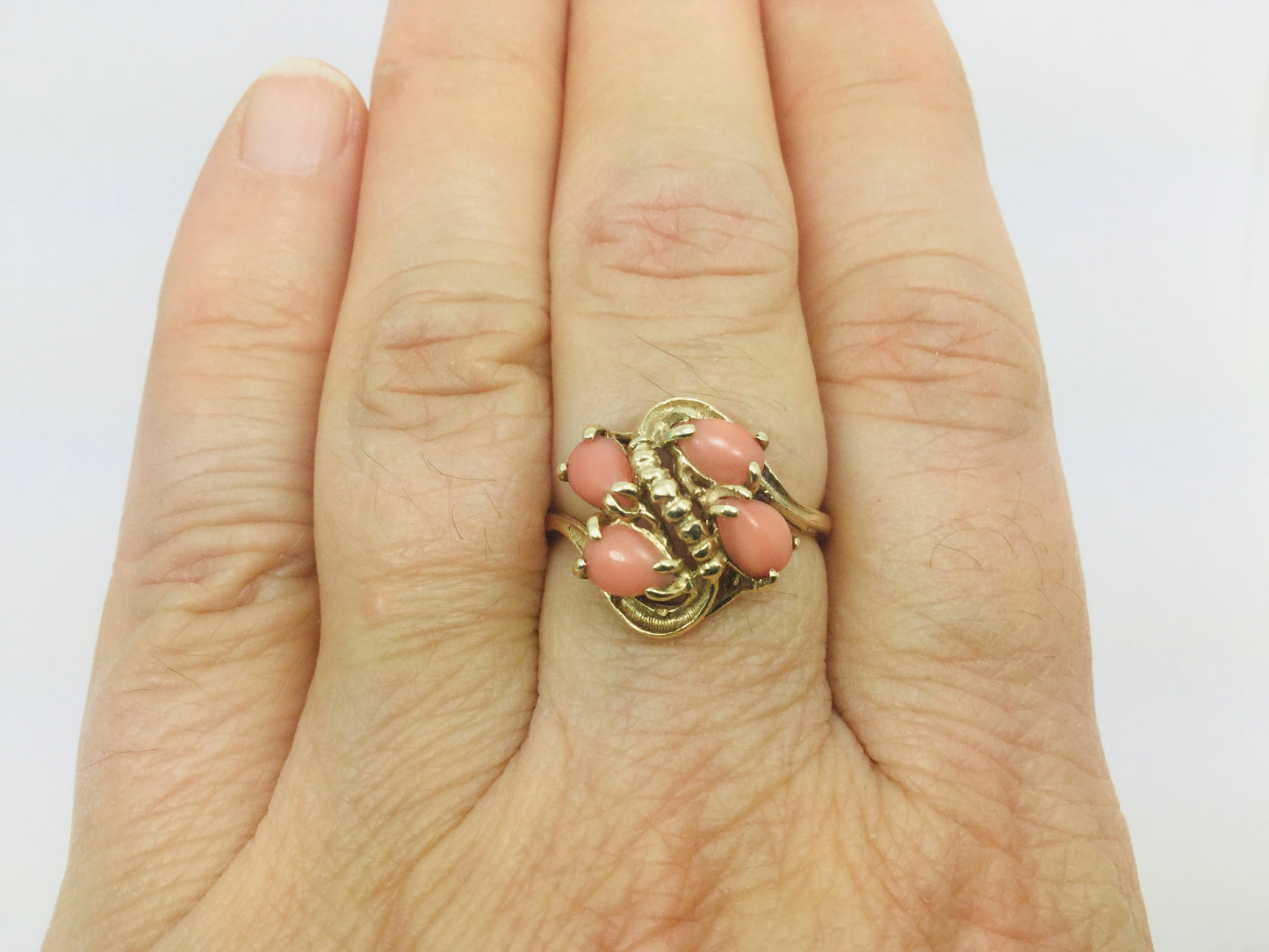 10k Yellow Gold Pear Cut Coral Ring and 14k Oval Cut Coral Bracelet Set