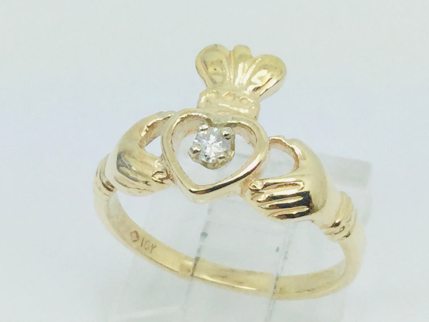 10k Yellow Gold Round Cut 5pt Diamond Irish Claddagh Heart, Crown and Hands Ring