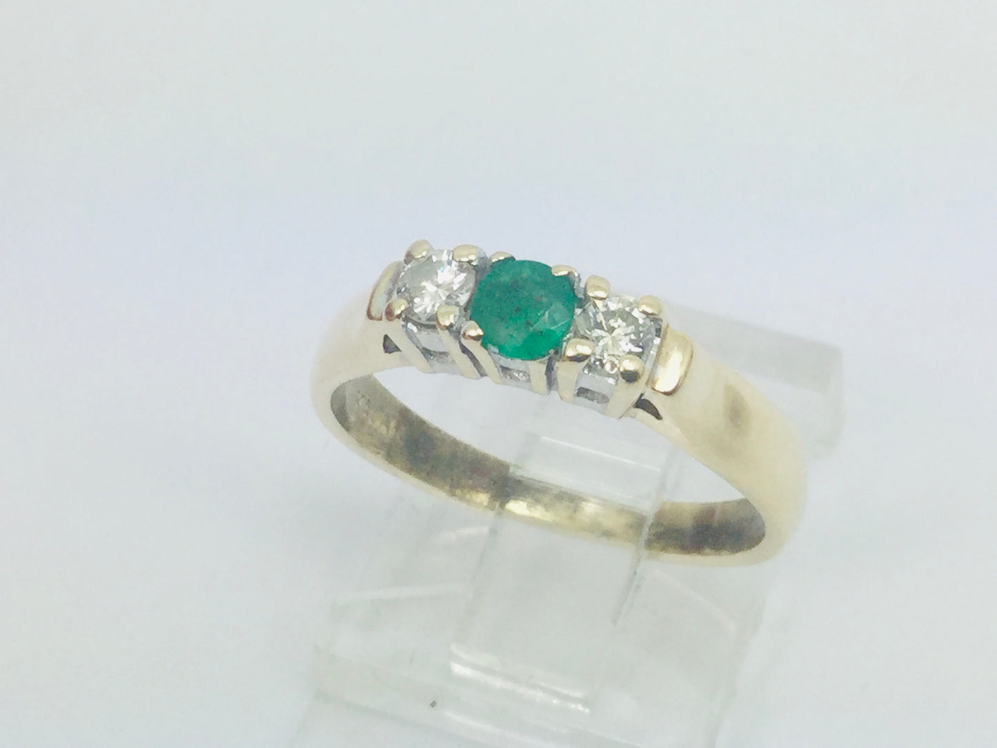 14k Yellow Gold Round Cut 18pt Emerald May Birthstone & 18pt Diamond Row Set Ring