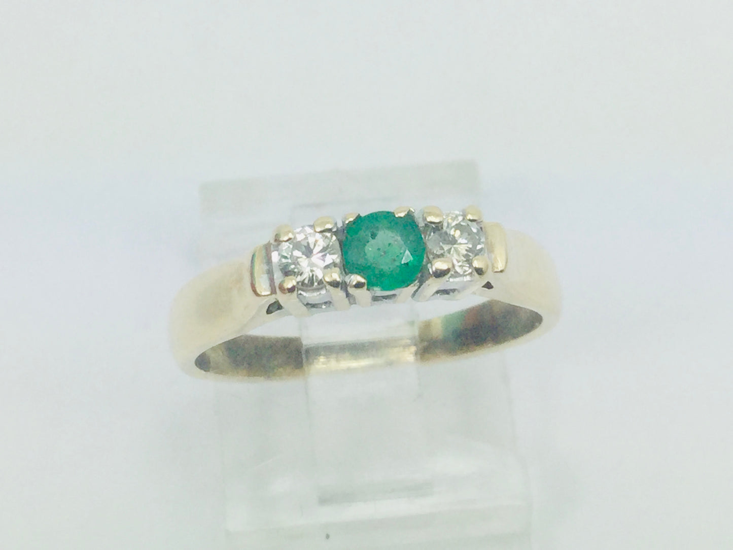 14k Yellow Gold Round Cut 18pt Emerald May Birthstone & 18pt Diamond Row Set Ring