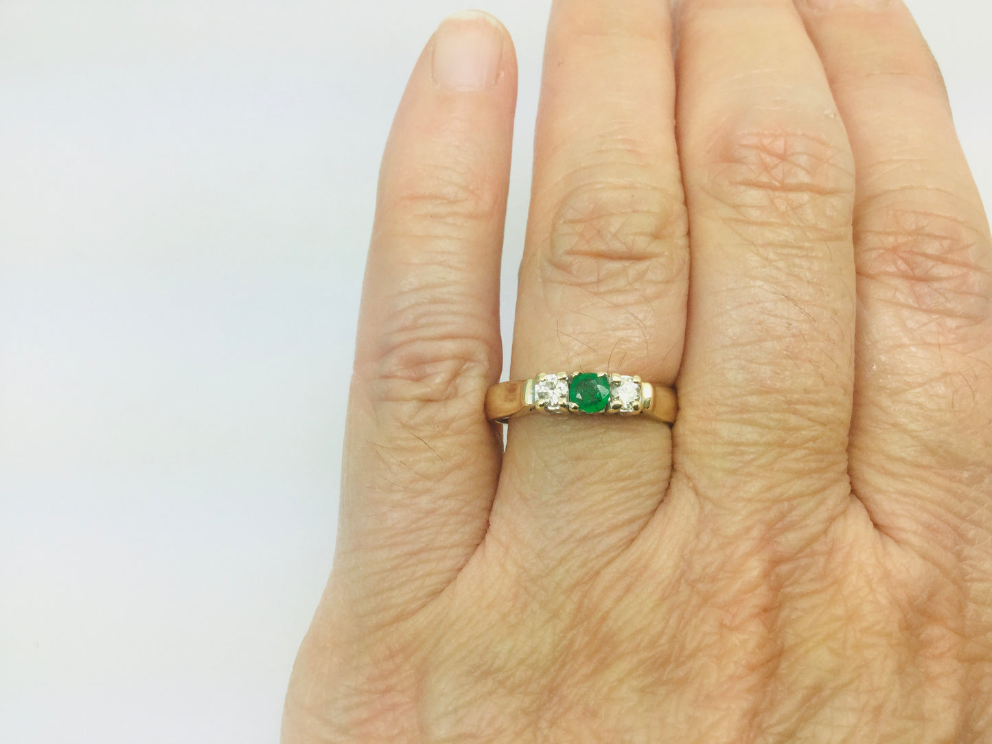 14k Yellow Gold Round Cut 18pt Emerald May Birthstone & 18pt Diamond Row Set Ring