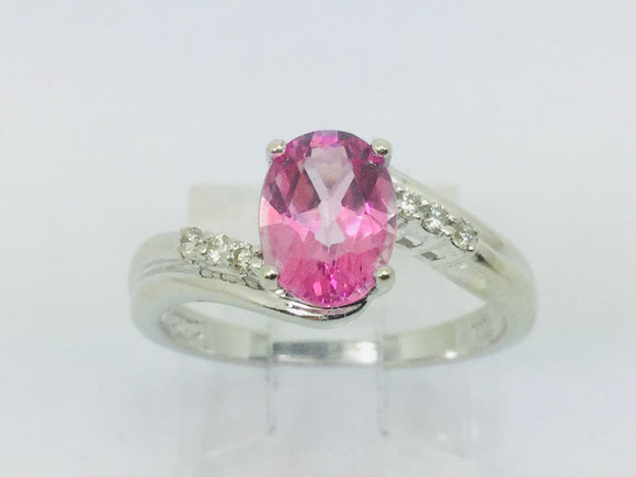 14k White Gold Oval Cut 1.25ct Pink Topaz October Birthstone & 3pt Diamond Ring