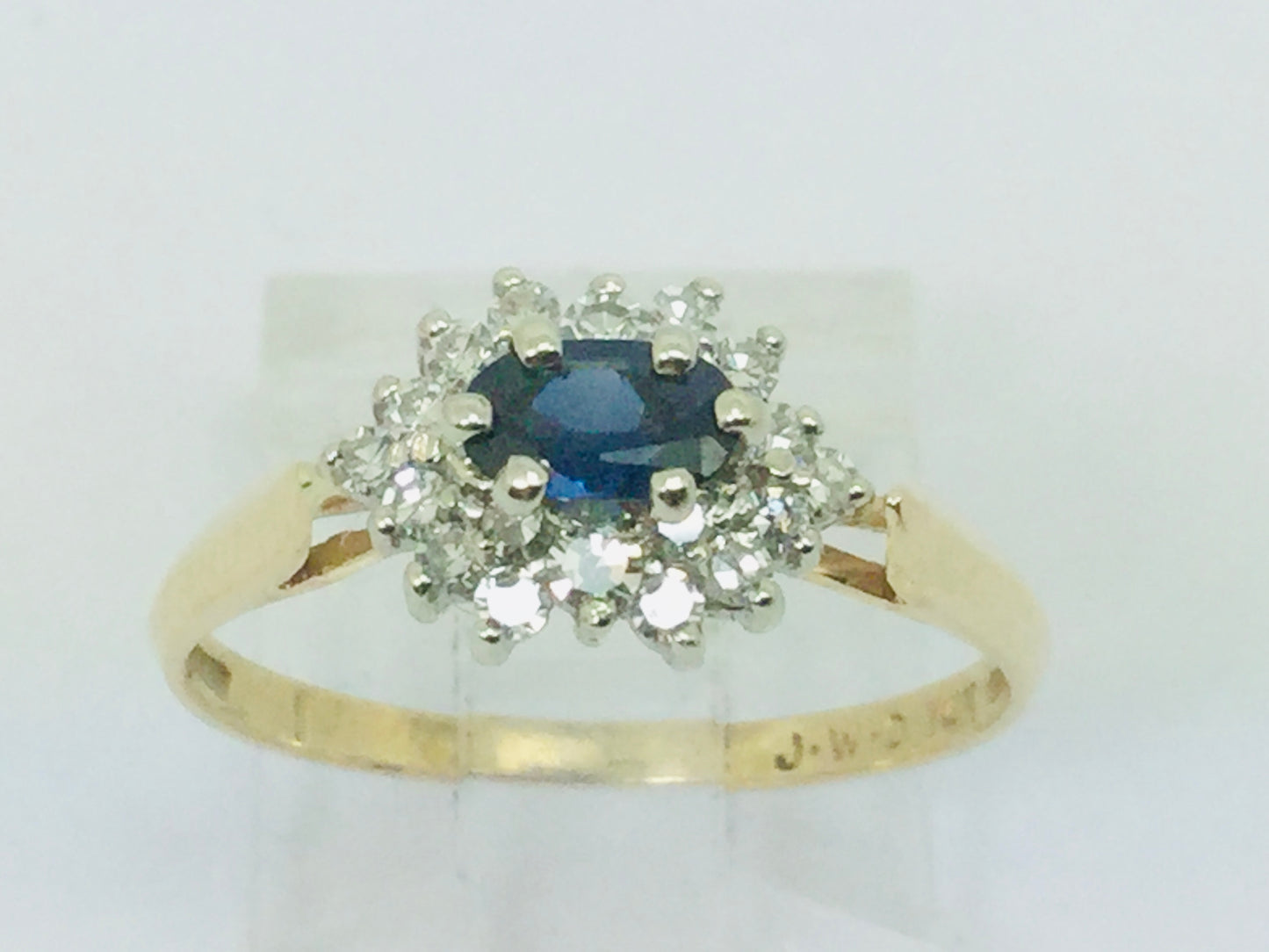 14k Yellow and White Gold Oval Cut 0.35ct Sapphire September Birthstone & 0.30ct Diamond Cluster Ring