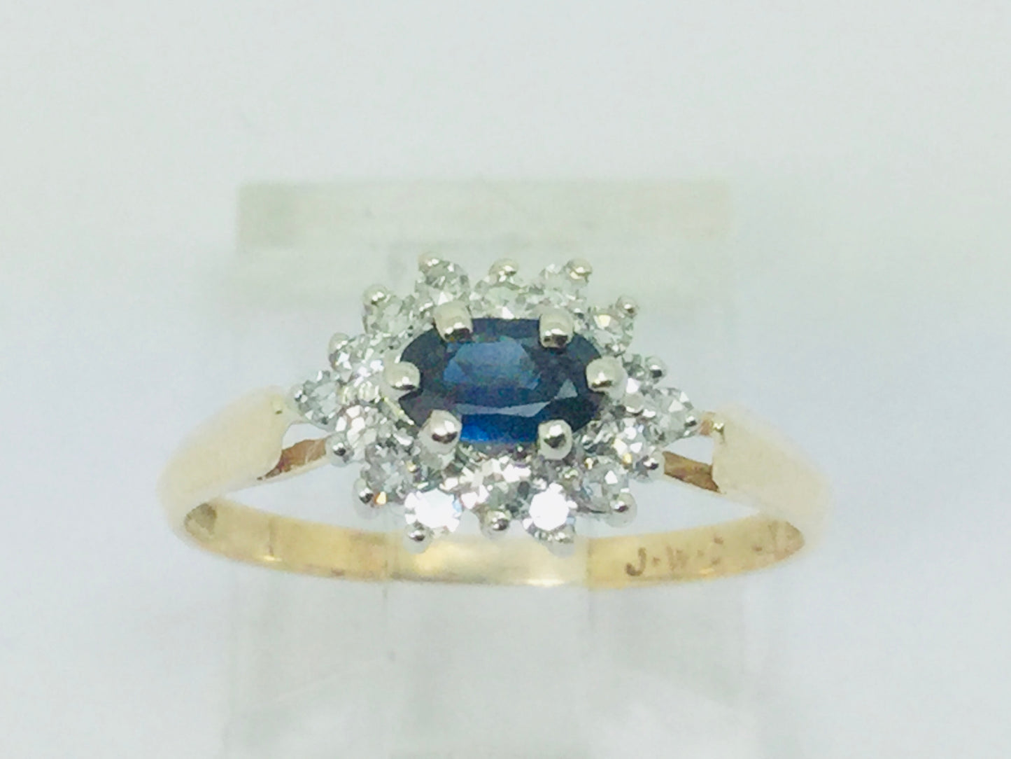 14k Yellow and White Gold Oval Cut 0.35ct Sapphire September Birthstone & 0.30ct Diamond Cluster Ring