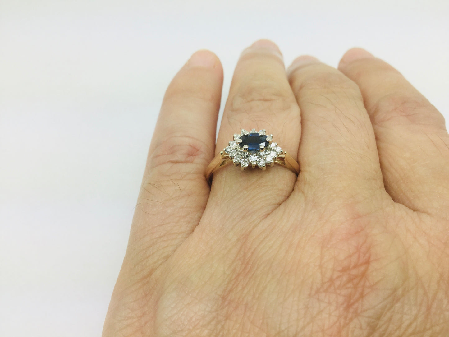 14k Yellow and White Gold Oval Cut 0.35ct Sapphire September Birthstone & 0.30ct Diamond Cluster Ring