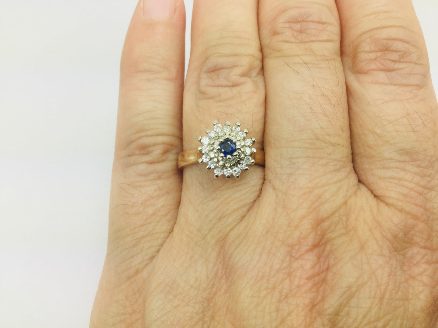 14k Yellow and White Gold Oval Cut 0.15ct Sapphire September Birthstone & 0.32ct Diamond Cluster Ring