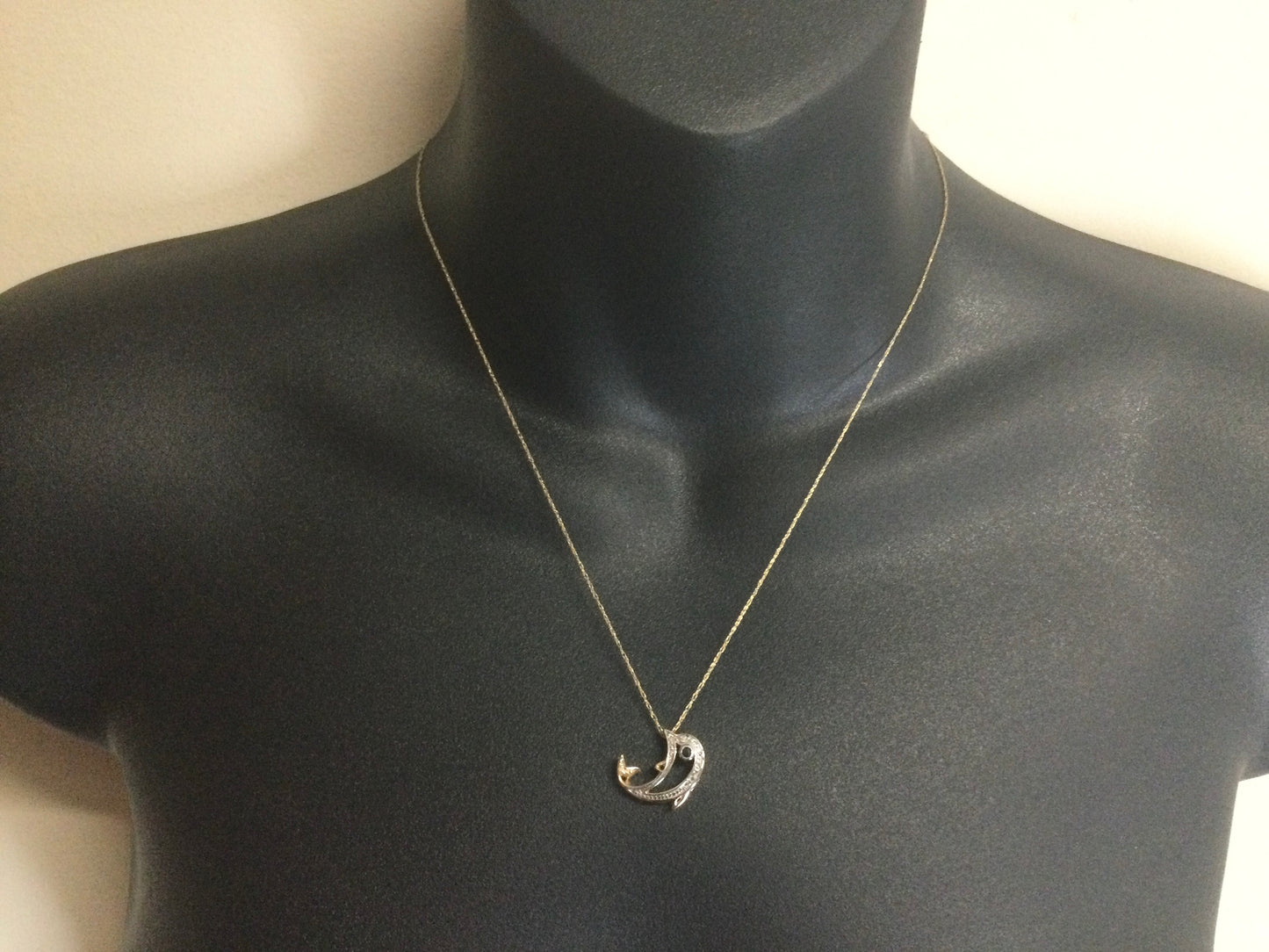 10k Yellow Gold Dolphin with Round Cut Sapphire and 8pt Diamond Necklace and Earring Set