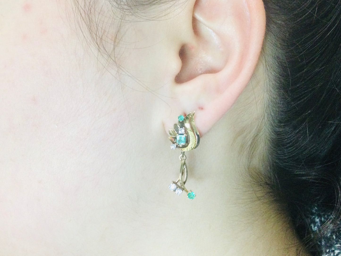 18k Yellow Gold Princess and Round Cut 54pt Emerald and 32pt Diamond Earrings