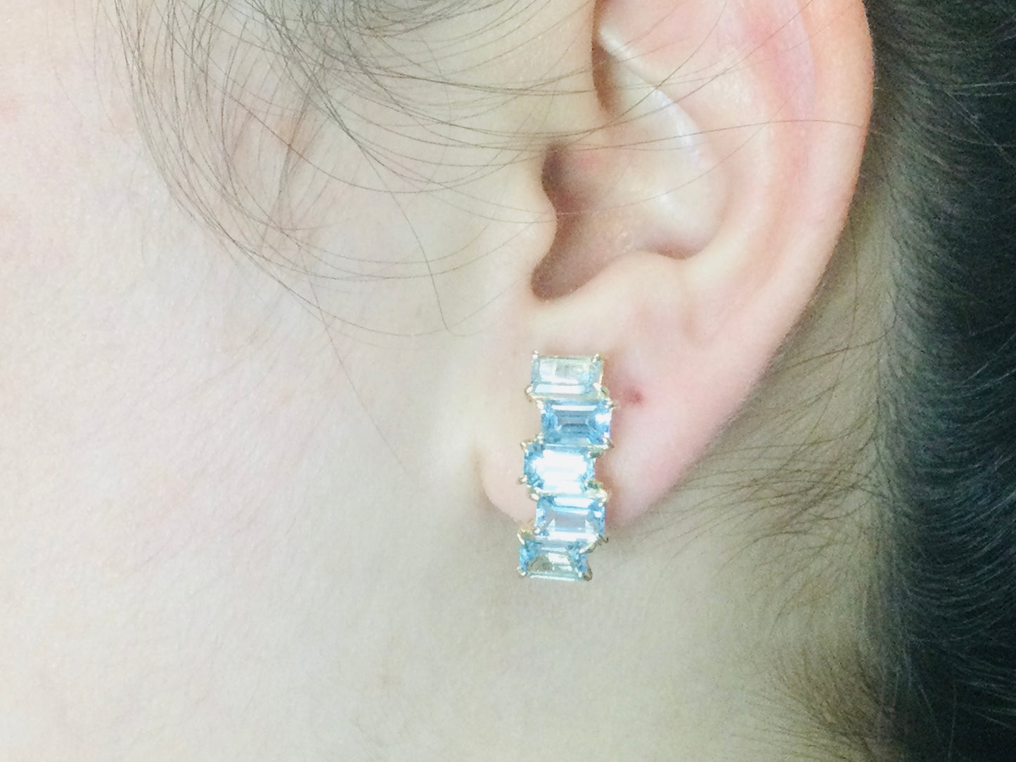 14k Yellow Gold Emerald Cut Blue Topaz Clip-On Earrings