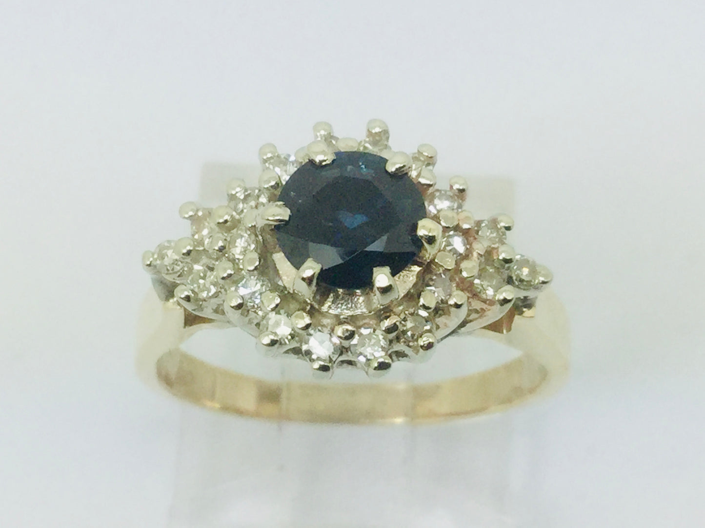 14k Yellow Gold Round Cut 65pt Sapphire & 20pt Diamond Cluster Ring