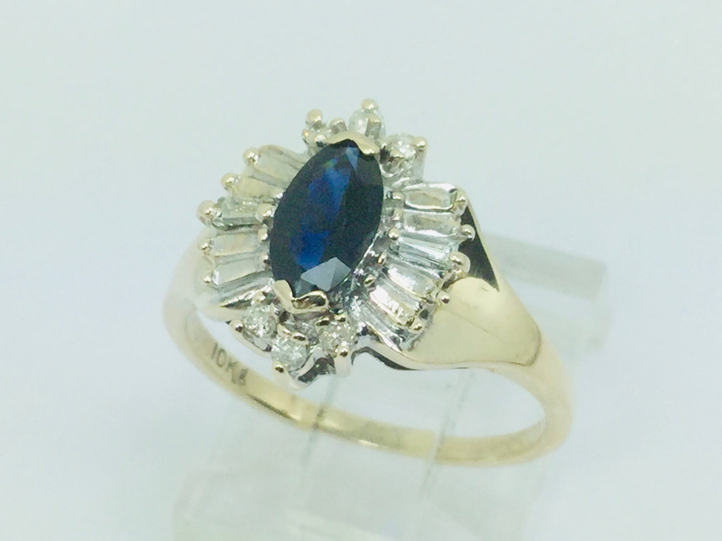 10k Yellow Gold Marquise Cut 50pt Sapphire & 19pt Diamond Ring